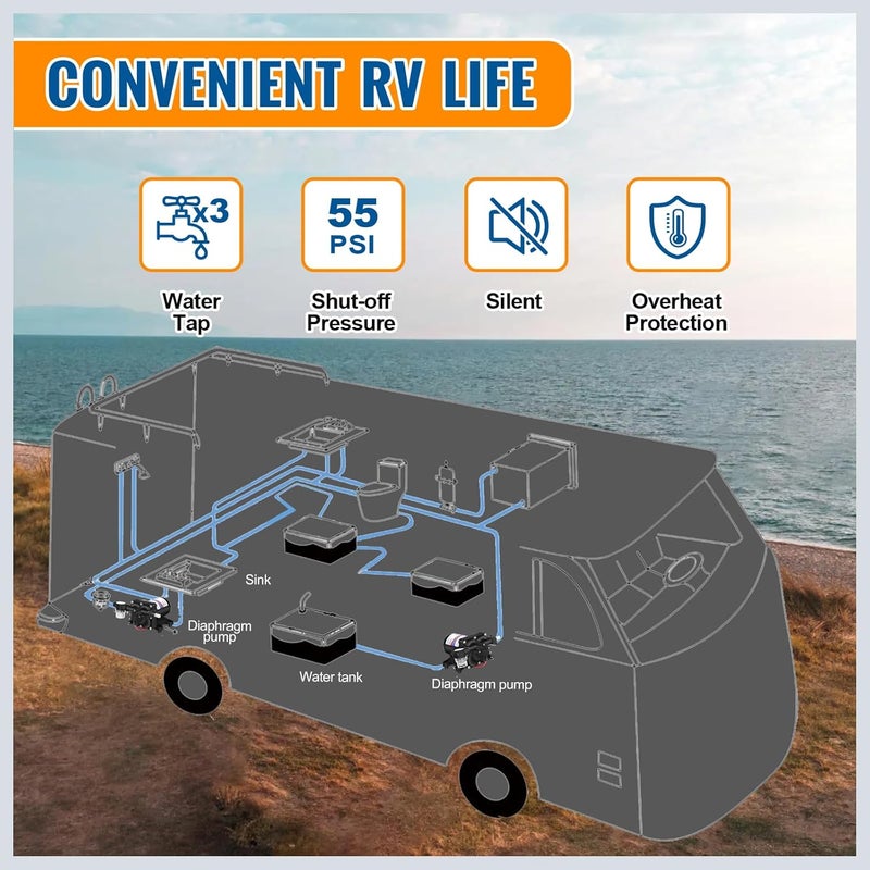 YoungTree 12V RV Water Pump 3.5GPM 55PSI On Demand Fresh Water Pressure Diaphragm Pump 12 Volt Self Priming with Pressure Switch for RV Camper Marine Sprayer Outdoor Shower Kitchen Garden - Image 2